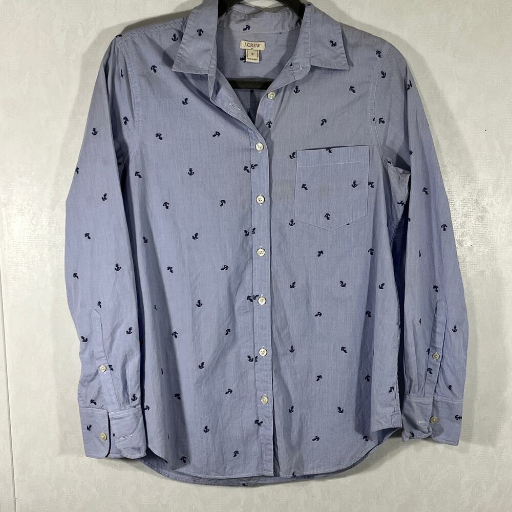 J. Crew Women's Cotton Shirt Light Blue with Navy Anchors Fine Stripe - Picture 2 of 7